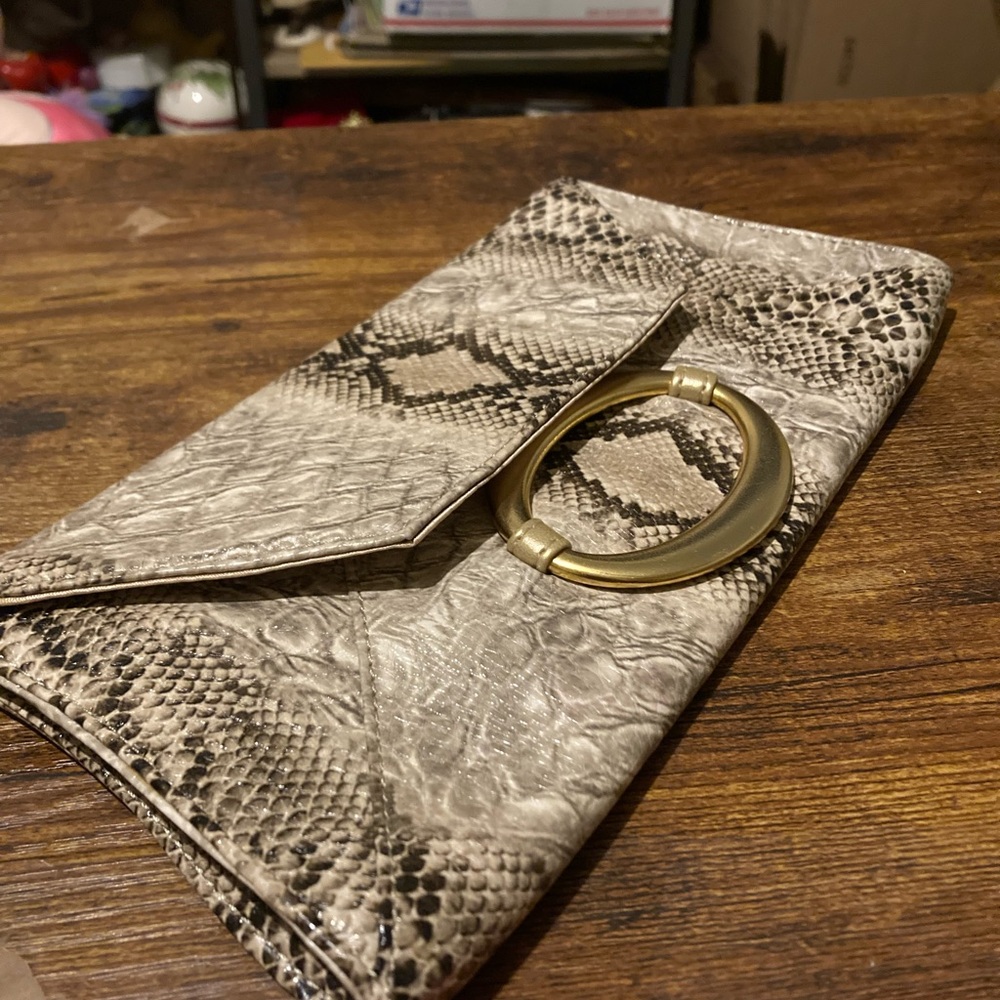 Snake Print Faux Leather Clutch with Gold Ring Accent - Neutral